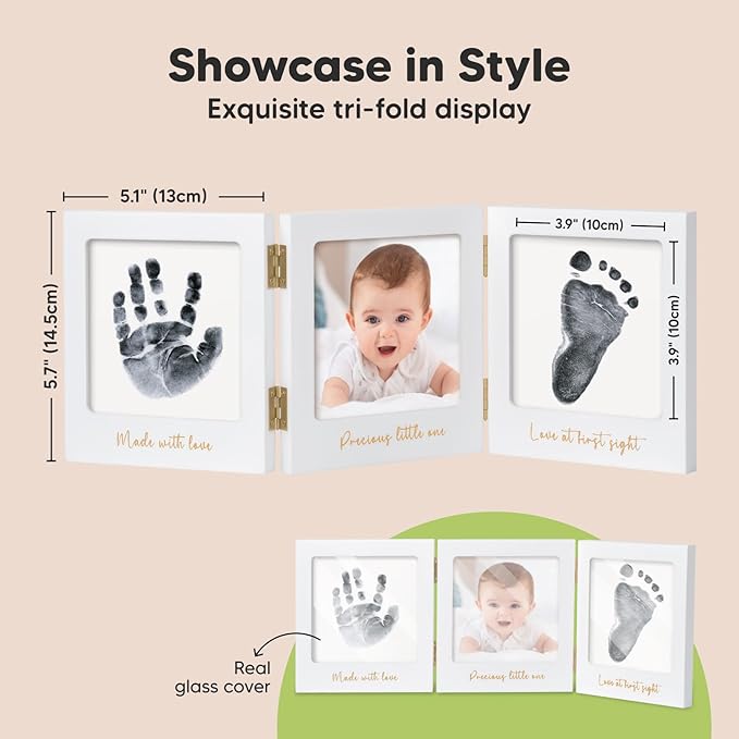 Inkless Baby Handprint and Footprint Kit for Newborn - Baby Footprint Kit,Newborn Keepsake Nursery Picture Frame,Dog Paw Print Maker,Personalized Gifts for New Mom,Showers & Registry(White/Gold)-BubblyBeeBaby