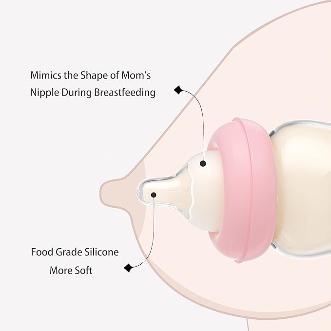 YOHKOH Natural Glass Baby Bottle with Natural Response Nipple, Newborn Anti-Colic Baby Bottles, Wide Neck Mushroom Cap Baby Bottle, Clear ((5.4oz (Pack of 2), Multicolour)-BubblyBeeBaby