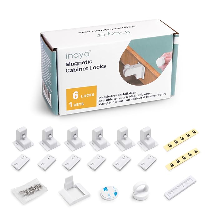 Inaya Magnetic Cabinet Locks for Baby Proofing, 6 Locks & 1 Key, Child Proof Magnet Locks for Cabinets & Drawers with Invisible Design, 3M Adhesive for Easy Installation - No Drill & Tools Needed-BubblyBeeBaby