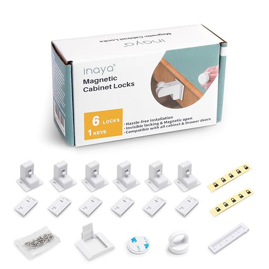 Inaya Magnetic Cabinet Locks for Baby Proofing, 6 Locks & 1 Key, Child Proof Magnet Locks for Cabinets & Drawers with Invisible Design, 3M Adhesive for Easy Installation - No Drill & Tools Needed-BubblyBeeBaby