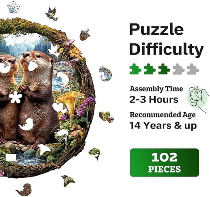 Jigfoxy Wooden Puzzles for Adults, Otter Couple Wood Puzzles Adult, Unique Animal Shape Wooden Jigsaw Puzzles for Adults, Birthday Gifts for Puzzle Lovers Family Friend (S-8.1 * 8.4in-102pcs)-BubblyBeeBaby