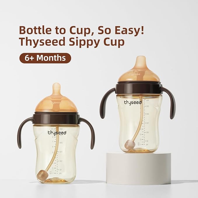 Thyseed Infant Spill Proof Weighted Straw Sippy Cups with Handles and Lids Breastfed Baby First Soft Spout Top Training Water Cup Toddler Boy Girl No Leak Transitioning Bedtime Milk Bottles 6 Months+-BubblyBeeBaby