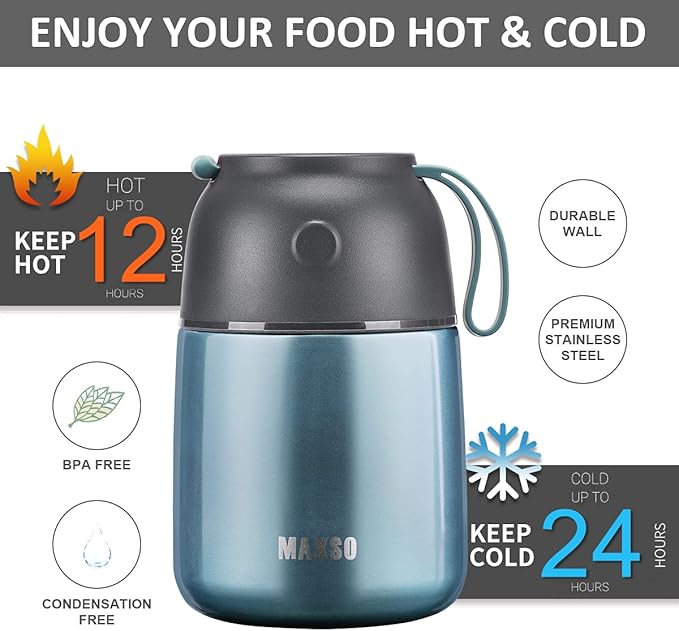Insulated Thermo Food Jar for Hot & Cold Food for Kids Adult, 17 oz Soup Thermal Hot Food Containers for Lunch, Triple Layer Insulation Stainless Steel Food Jar with Spoon (Lightblue)-BubblyBeeBaby