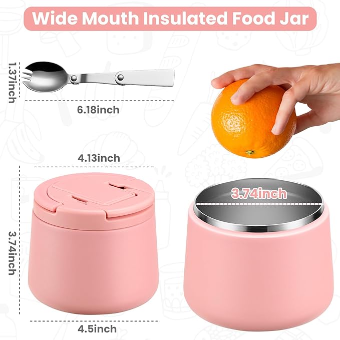 14oz Insulated Vacuum Food Jar with Buckle Lid,Soup Thermo for Hot Food Kids,Wide Mouth Leakproof Stainless Steel Lunch Container with Spoon-Pink-BubblyBeeBaby