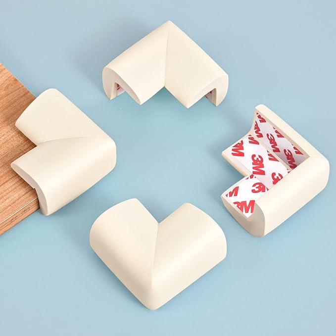 12 Pack Corner Protector Baby Proofing Edge and Corner Guards, Soft Safety Pre-Taped Rubber Foam Furniture Bumpers for Fireplace, Table, Stair, Cabinet (Off White)-BubblyBeeBaby