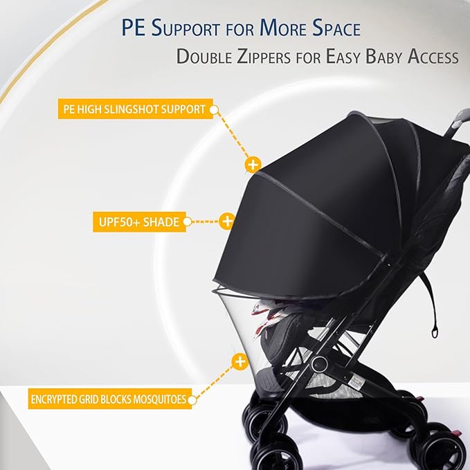 UPF50+ Sunshade Stroller Cover, Universal Breathable 3D Baby Mosquito Net, 2-in-1 Stroller Sun Shade with Two-Way Zipper, UV Protection, Privacy Netting for Stroller-BubblyBeeBaby
