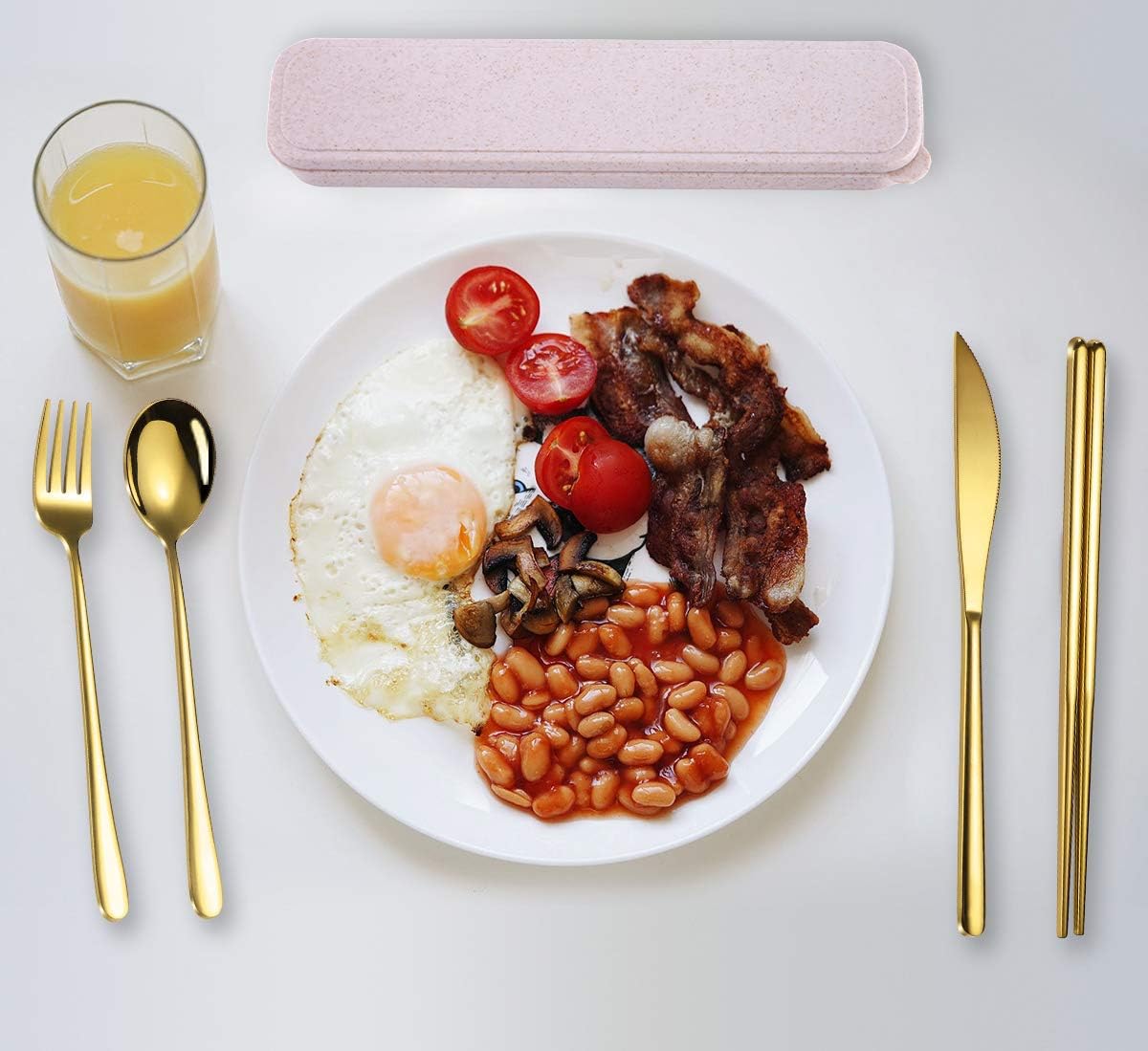 AARAINBOW 6 Pieces 18/8 Stainless Steel Flatware Set Portable Reusable Cutlery Set Travel Utensils Set Including Chopsticks Knife Fork Spoon Straws Cleaning Brush Dishwasher Safe (Golden)