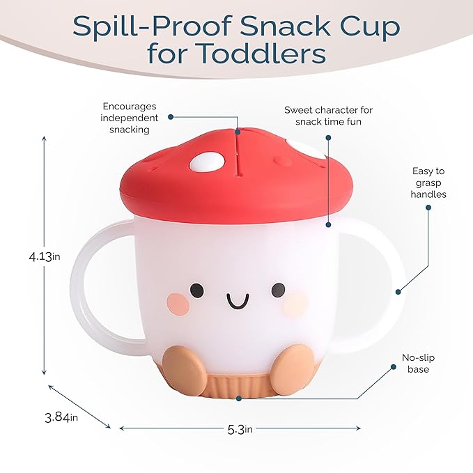Itzy Ritzy Toddler Snack Cup - Spill-Proof Snack Cup for Toddlers with Soft Silicone Lid for Easy Food Access - Easy-To-Hold Kids Snacks Container With Handles - Ideal for 12 months & Up (Mushroom)-BubblyBeeBaby