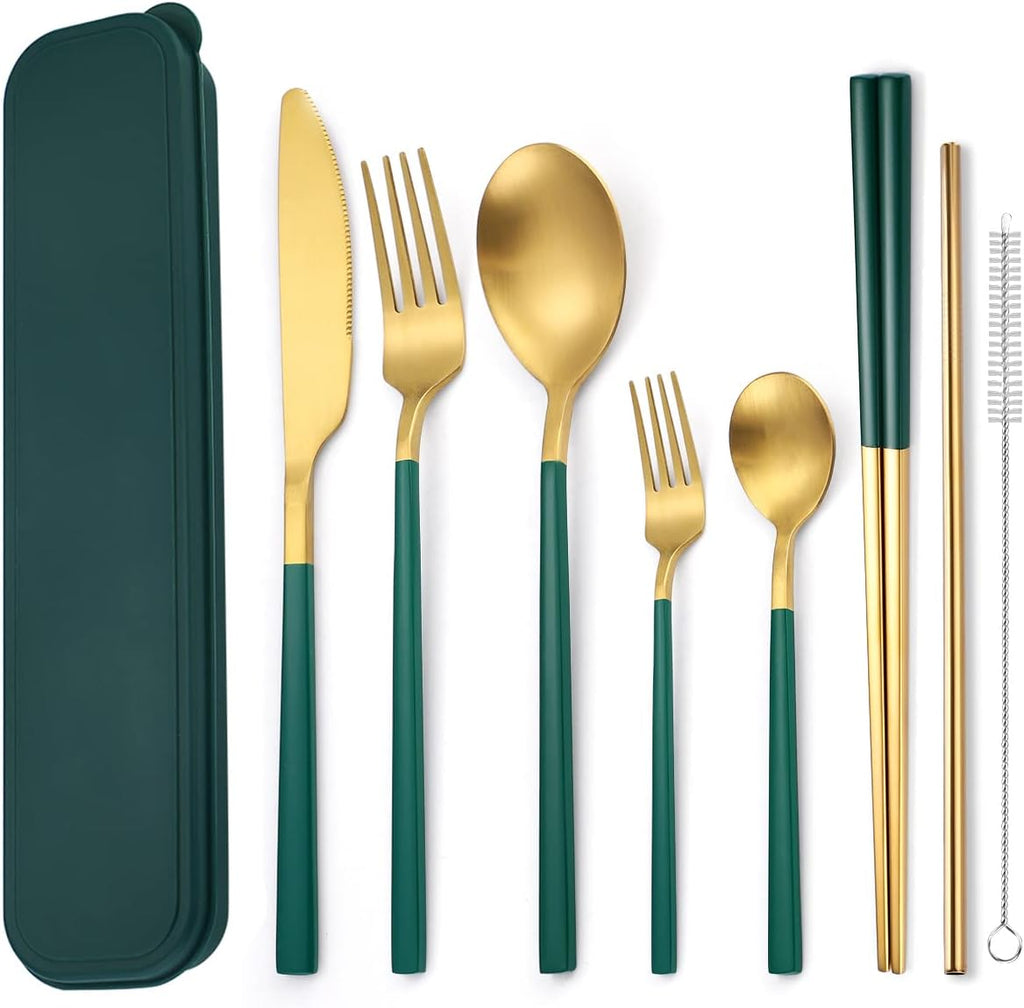 AARAINBOW 6 Pieces Stainless Steel Flatware Set Portable Reusable Cutlery Set Travel Utensils Set Including Chopsticks Knife Fork Spoon Straws Cleaning Brush Dishwasher Safe (B-Green golden)