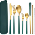 AARAINBOW 6 Pieces Stainless Steel Flatware Set Portable Reusable Cutlery Set Travel Utensils Set Including Chopsticks Knife Fork Spoon Straws Cleaning Brush Dishwasher Safe (B-Green golden)