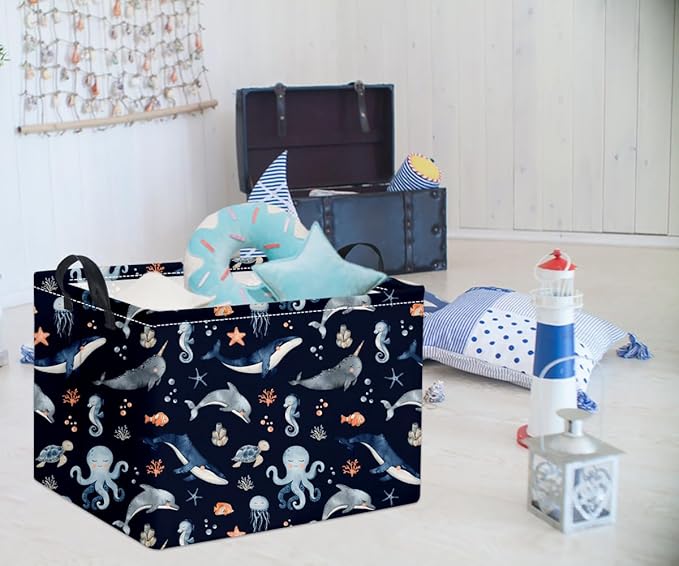 HIYAGON Rectangular Ocean Basket Kids Baby Storage Bin Toy Organizer Box for Boys Under the Sea Nursery Decor(Ocean)-BubblyBeeBaby