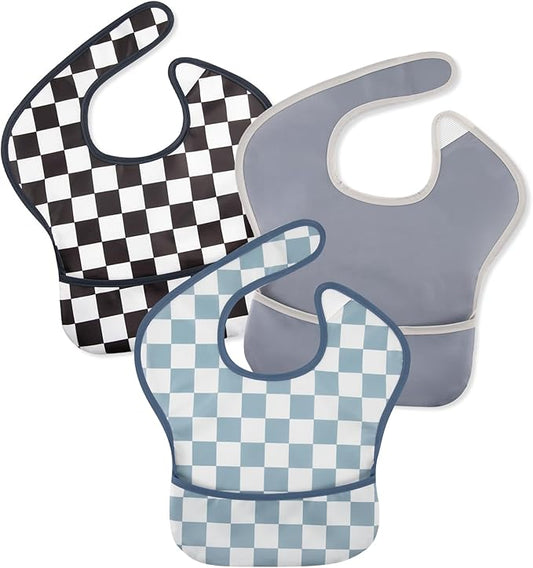 Mess Proof Baby Bib 3 Pack, Waterproof Led Weaning Baby Feeding Bibs with Food Catcher, Travel Feeding Bibs-BubblyBeeBaby