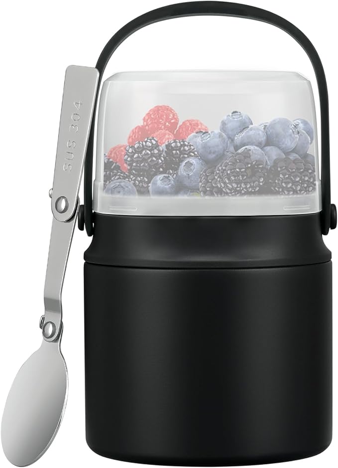 2-in-1 Insulated Food Jar & Snack Container - 15oz Kids Soup Thermos for Hot Food with Handle and Spoon, Leak Proof Reusable Toddler Snack Box, Perfect for School & Travel, Black-BubblyBeeBaby