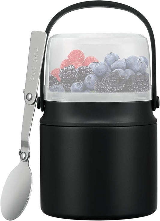 2-in-1 Insulated Food Jar & Snack Container - 15oz Kids Soup Thermos for Hot Food with Handle and Spoon, Leak Proof Reusable Toddler Snack Box, Perfect for School & Travel, Black-BubblyBeeBaby