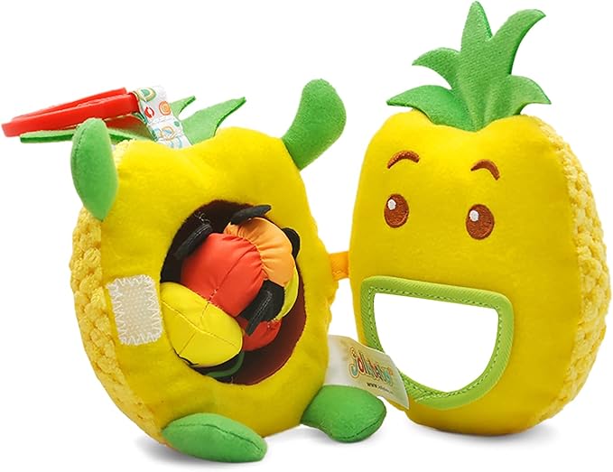 Jollybaby Newborn Plush Stuffed Fruit Rattle Toy for Stroller Car Seat Crib, Montessori Sensory Plush Pineapple Toy with Rattle and Mirro Toy for Baby 0-6-12 Month, Infant Baby Boy & Girl Shower Gift-BubblyBeeBaby