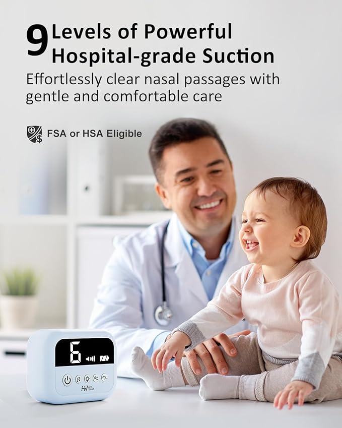 HEYVALUE Nasal Aspirator for Baby, Hospital Grade Nose Sucker with 9 Levels Suction, Night Light and Nursery Rhyme Soothing, Electric Nose Suction for Baby with Food-Grade Silicone Tips Blue-BubblyBeeBaby