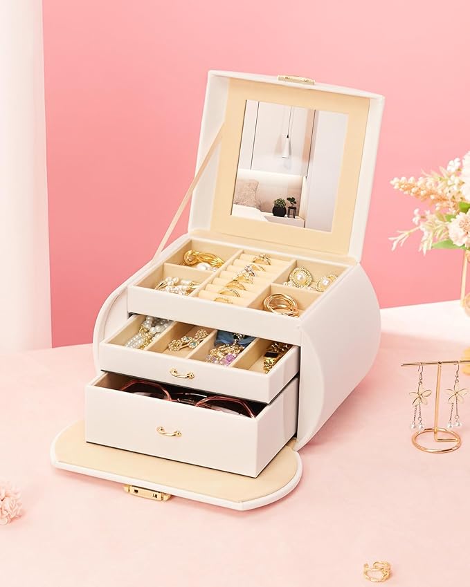 Homde Girls Jewelry Box Jewelry Storage Case Organizer with Mirror for Rings, Earrings, Bracelets, Necklaces (White + Gold)-BubblyBeeBaby