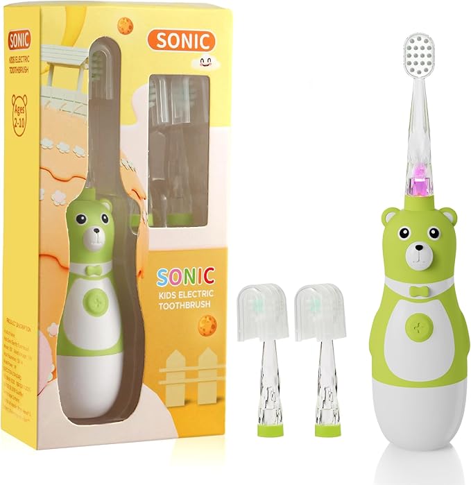 Kids Battery-Powered Electric Toothbrush for Toddler Ages 2-10, Extra Soft Bristles with 3 Cleaning Modes, 2-Min LED Timer IPX7 Waterproof Deep Clean-BubblyBeeBaby