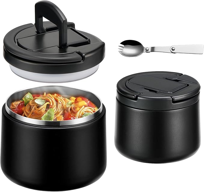 14oz Insulated Vacuum Food Jar with Buckle Lid,Soup Thermo for Hot Food Kids,Wide Mouth Leakproof Stainless Steel Lunch Container with Spoon-Black-BubblyBeeBaby