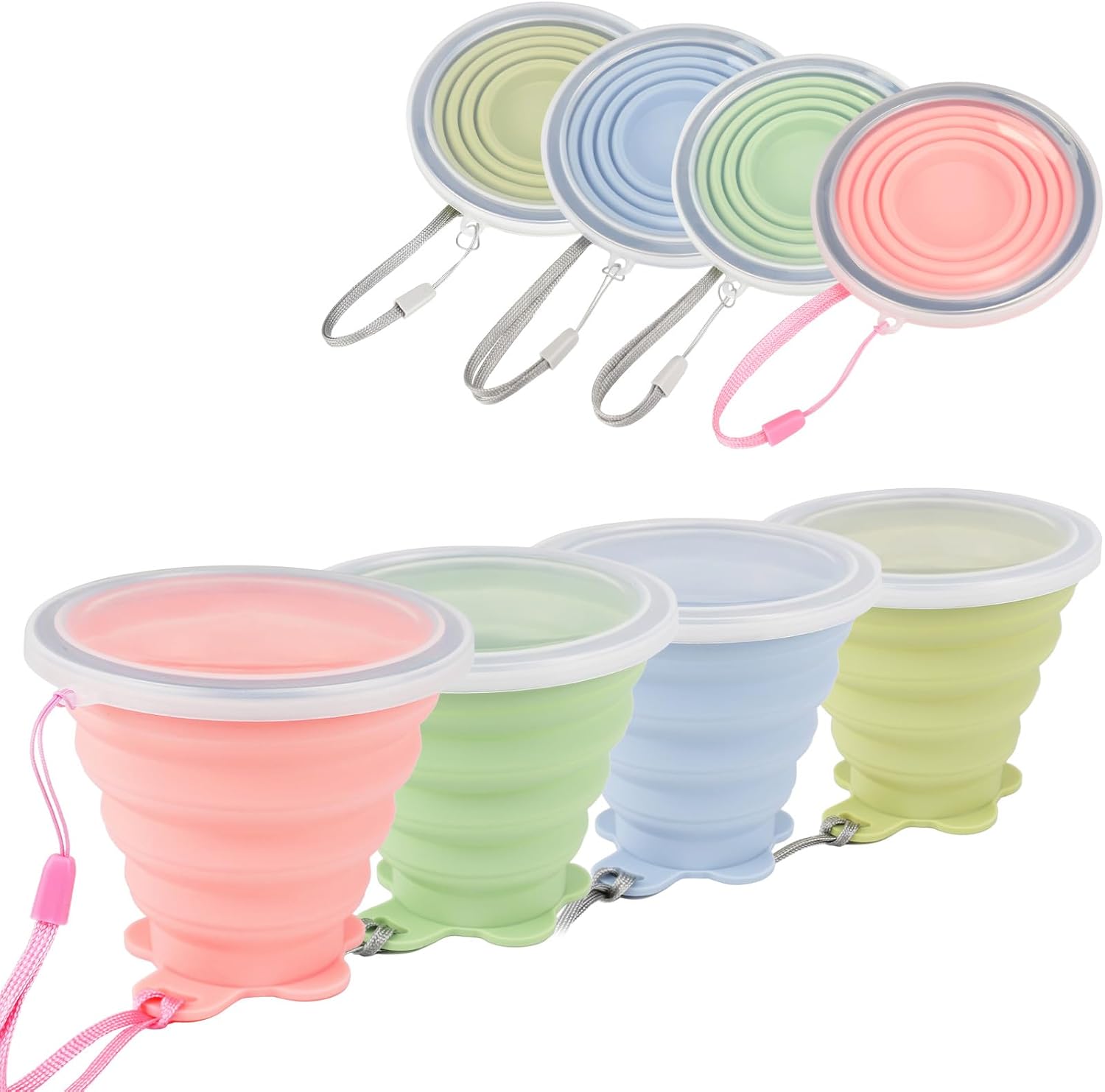 JBER Silicone Collapsible Travel Cup, 4 Pack Silicone Folding Camping Cup with Lids Expandable Drinking Cup for Outdoor Hiking Travel (Olive & Pink & Green & Blue)
