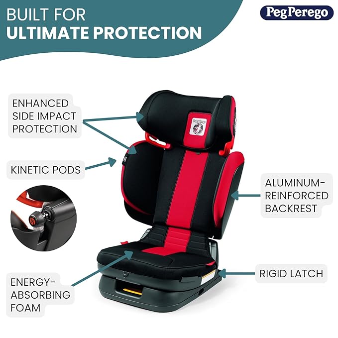 Peg Perego Viaggio Flex 120 Booster, 4D Total Adjust for Safety & Comfort, No Armrests, Compact Fold for Travel, 40-120 lbs, Made in Italy, Monza (Black & Red)-BubblyBeeBaby