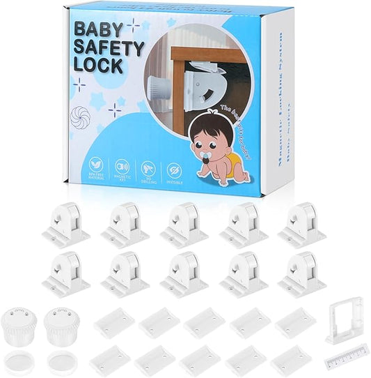 10 Pack Magnetic Cabinet Locks for Child Safety, Drawer Locks Baby Proofing, Magnetic Door Safety Locks for Cabinets and Drawers, Easy Installation No Tools Required (10 Pack and 2 Keys)-BubblyBeeBaby