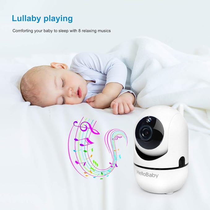 HelloBaby Video Baby Monitor with 2 Cameras and Audio. Baby Monitor with Remote Pan/Tilt/Zoom, VOX Mode, Night Vision, 2-Way Talk, 8 Lullabies-BubblyBeeBaby