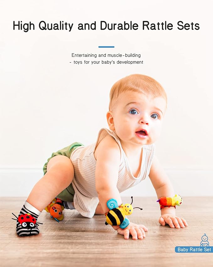 Infinno Baby Wrist Rattle Socks and Foot Finder Set, Perfect Baby Toys for 0-12 Months Newborn Boys and Girls As Shower Gifts, Garden Bug Series-BubblyBeeBaby