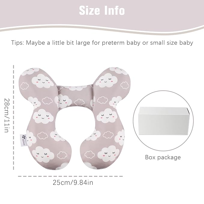 vocheer Baby Travel Pillow(Upgraded), Head and Neck Support Pillow for Pushchair, Car Seat,Stroller, Bouncer, Cotton(Grey Cloud-BubblyBeeBaby