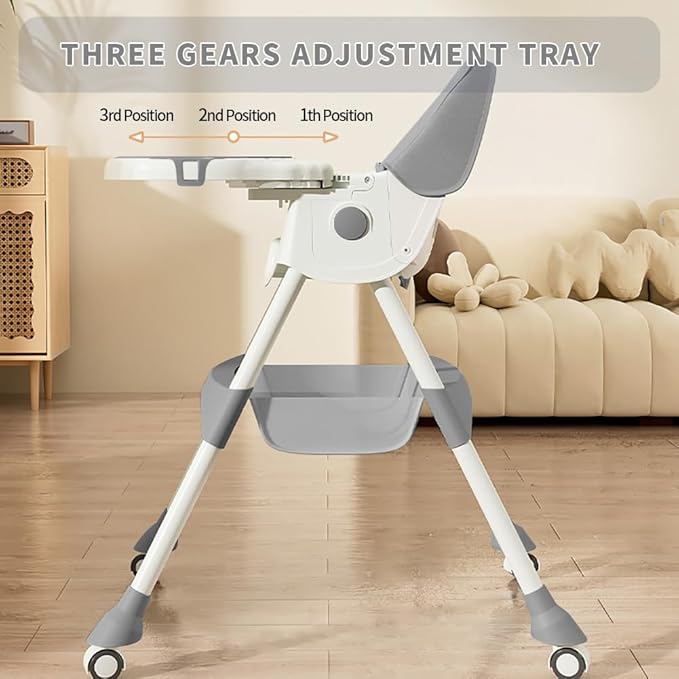 High Chairs for Babies and Toddlers, 4 in 1 Convertible Baby High Chair, Portable High Chair for Travel with Adjustable Height and Back, Foldable HighChair with Wheels& Pu Cushion (Grey)-BubblyBeeBaby