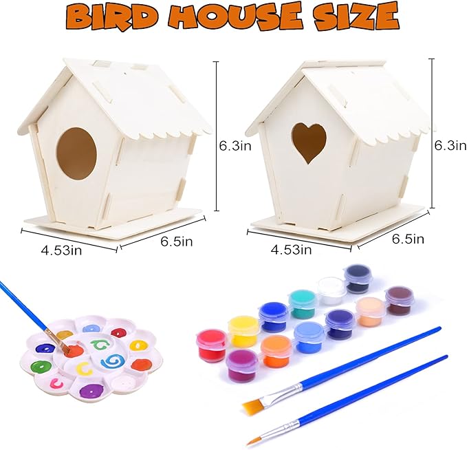hapray 2 Pack Bird House Kit, DIY Birdhouse Kits, Wooden Crafts Arts for Children to Build and Paint (Includes Paints & Brushes) for Kids Girls Boys Toddlers Gifts Christmas-BubblyBeeBaby