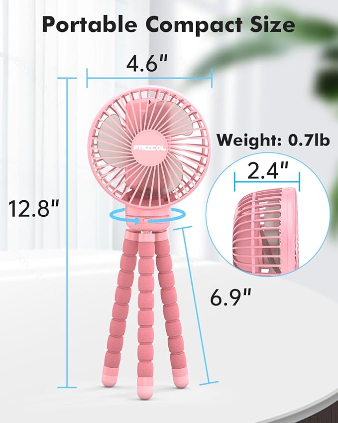 FRIZCOL Stroller Fan for Baby - Portable Fans Rechargeable - Battery Operated Fan(Use for 24Hrs) - Fans for Handheld/Clip On/Car Seat/Desk/Camping (Pink)-BubblyBeeBaby