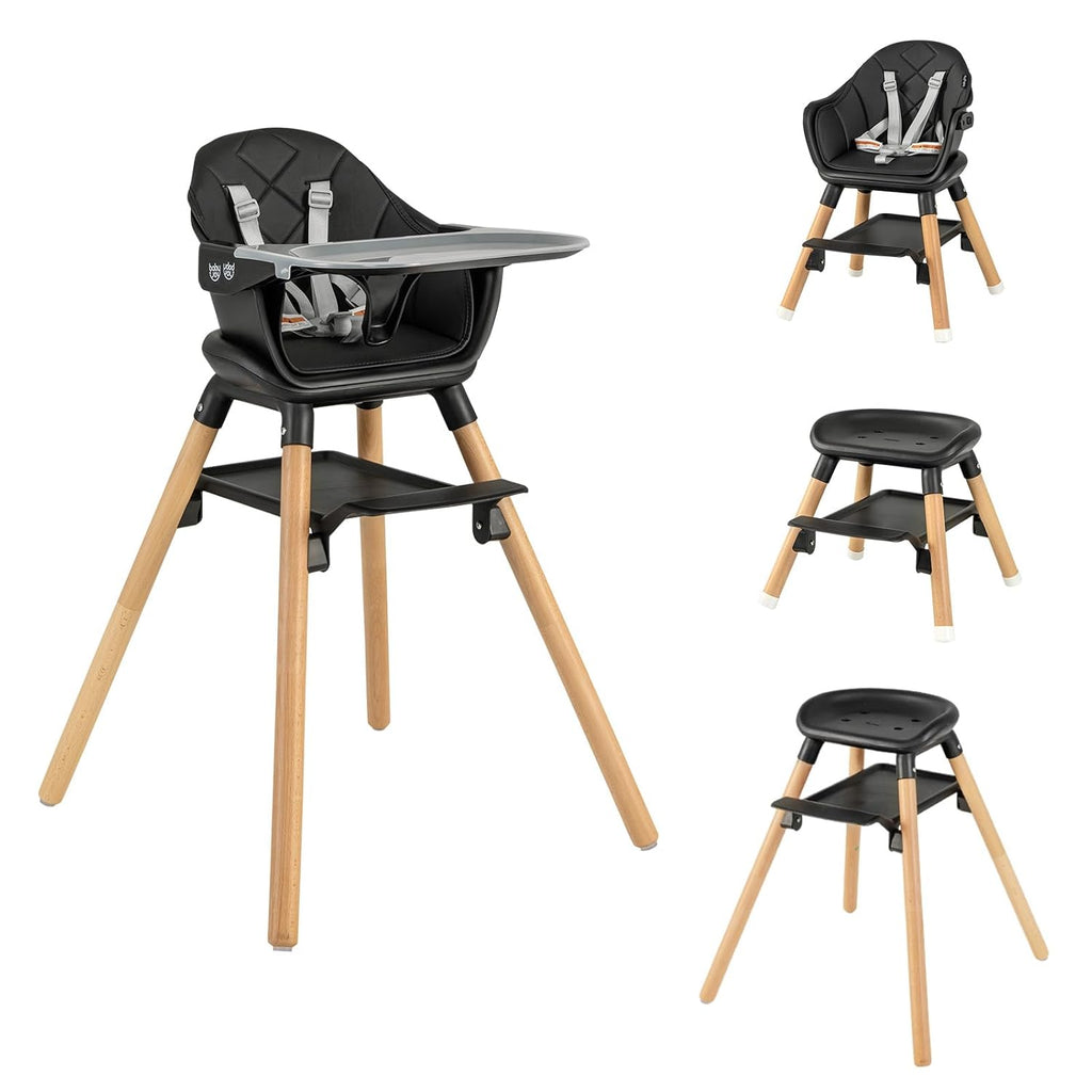 HONEY JOY Baby High Chair, 6 In 1 Convertible Wooden Highchair for Babies and Toddlers/Toddler Chair/Bar Stool, Removable Double Tray & Reversible Footrest, Safety Harness for Infant Boys Girls(Black)