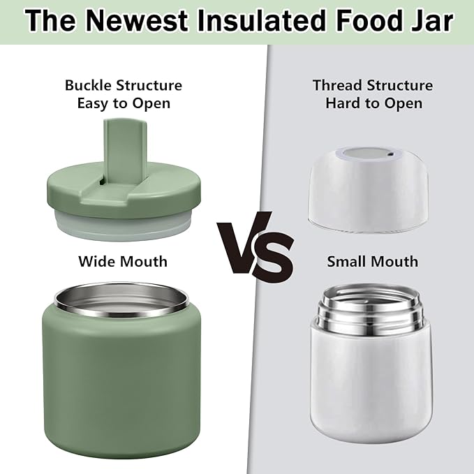 26oz Kids Jar for Hot Food, Insulated Vacuum Food Jar with Buckle Lid, Stainless Steel Wide Mouth Leak Proof Insulated Lunch Container for School Picnic Travel, Green-BubblyBeeBaby