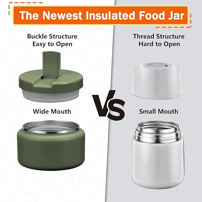 13.5oz Kids Thermos for Hot Food, Insulated Vacuum Food Jar with Buckle Lid, Stainless Steel Wide Mouth Leak Proof Insulated Lunch Container for School Picnic Travel, Green-BubblyBeeBaby