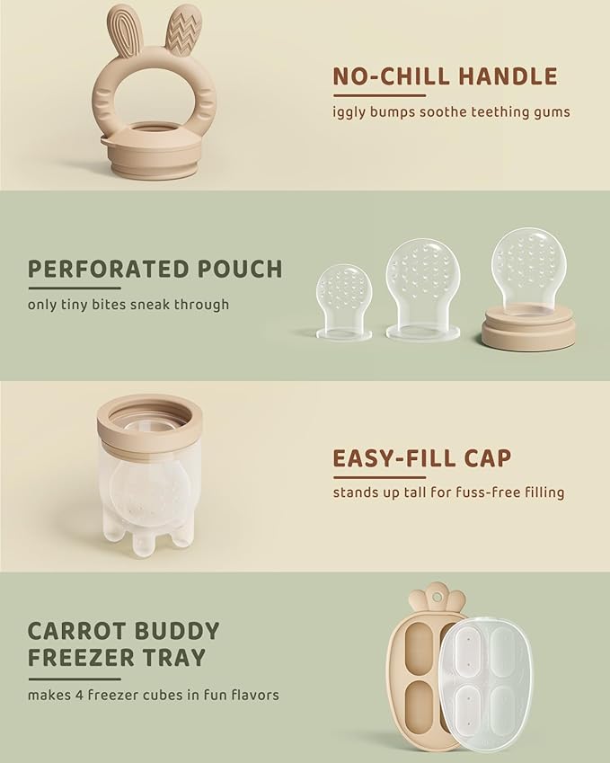 2 Packs Baby Fruit Feeder & Freezer Nibble Tray Combo, Push Pop Baby Food Feeder to Safely Introduce New Foods, Fresh & Frozen Food Silicone Feeder, 100% Food Grade, BPA Free (Caramel & Olive)-BubblyBeeBaby