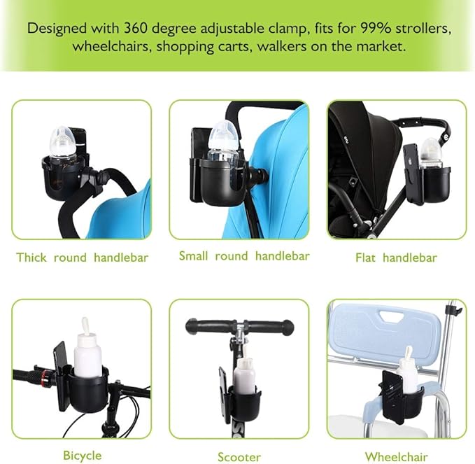 Accmor Stroller Cup Holder with Phone Holder, Bike Cup Holder, Universal Cup Holder for Uppababy Nuna Doona Strollers, 2-in-1 Cup Phone Holder for Stroller, Bike, Wheelchair, Walker, Scooter-BubblyBeeBaby