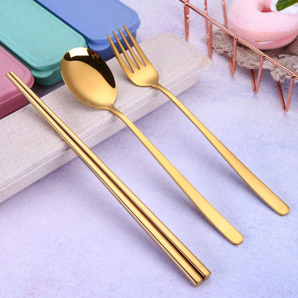 AARAINBOW 6 Pieces 18/8 Stainless Steel Flatware Set Portable Reusable Cutlery Set Travel Utensils Set Including Chopsticks Knife Fork Spoon Straws Cleaning Brush Dishwasher Safe (Golden)