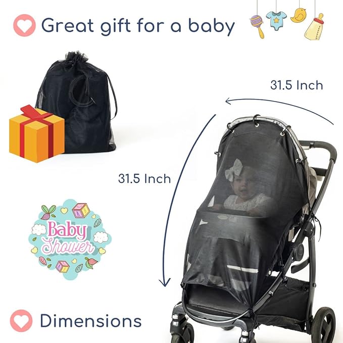 Stroller Sun Shade - Universal UV Protection Cover for Strollers Sunshade with See Through, Clip-On Sun Blocker, Sun Shield for Baby, Breathable Adjustable Fit, Full Coverage, XL Black-BubblyBeeBaby