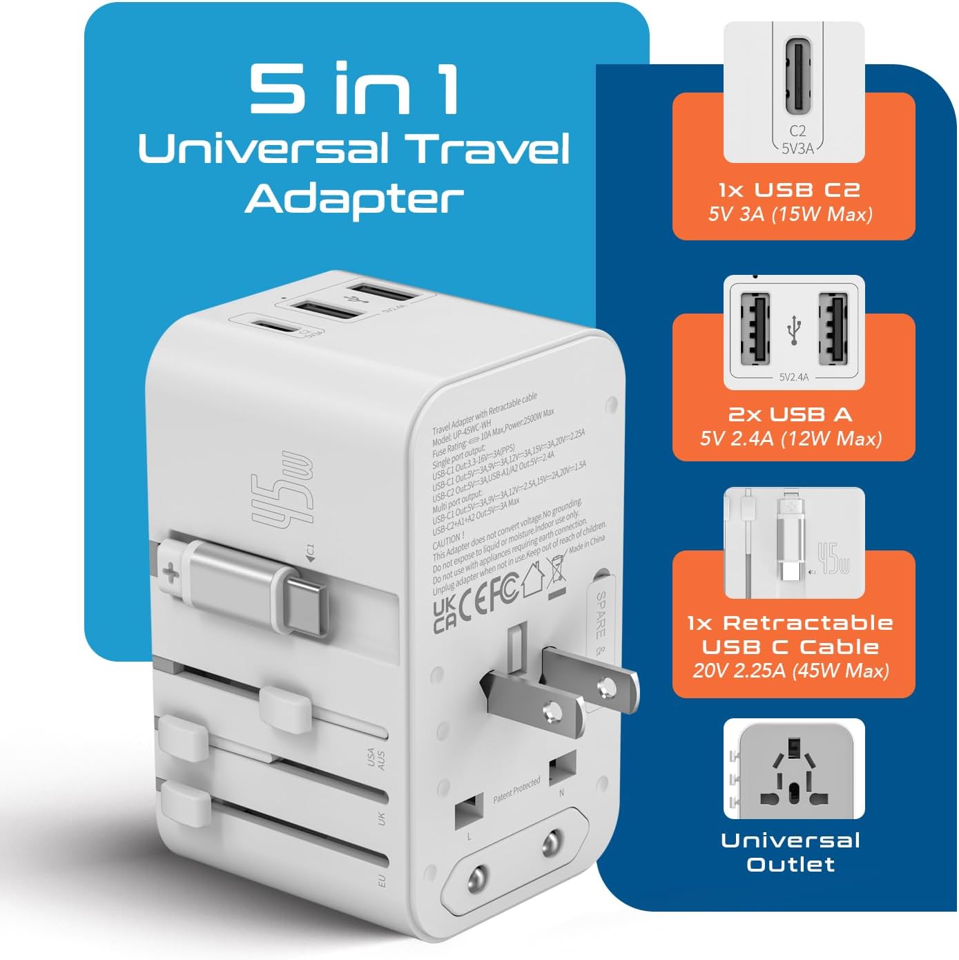 Ceptics 5 in 1 International Travel Adapter with PD 45W Retractable USB-C Cable 65cm, 2X USB-A 2.4A, 1x USB-C 3A, Travel Adapter Worldwide for Laptop, Phones and Cameras for US, EU, UK, UP-45WC-WH