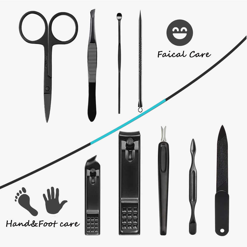 Manicure Set 9 in 1 Stainless Steel, Nail Clippers Scissors Pedicure Tools Kit - Portable Travel Grooming Kit for Men and Women with Leather Case (Blue-BIG Nail Clipper)