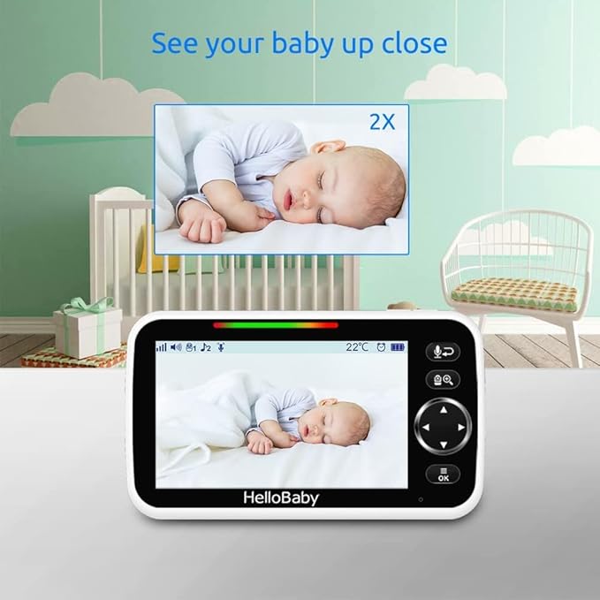 HelloBaby Upgrade 5’’ Baby Monitor with 30-Hour Battery, 2 Cameras Pan-Tilt-Zoom, 1000ft Range Video Audio Baby Monitor No WiFi, VOX, Night Vision, 2-Way Talk, 8 Lullabies and Temperature-BubblyBeeBaby