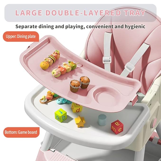 High Chairs for Babies and Toddlers, 4 in 1 Convertible Baby High Chair, Portable High Chair for Travel with Adjustable Height and Back, Foldable HighChair with Wheels& Pu Cushion-BubblyBeeBaby