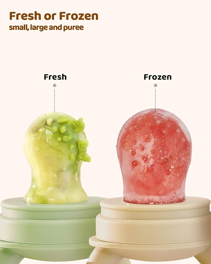 2 Packs Baby Fruit Feeder & Freezer Nibble Tray Combo, Push Pop Baby Food Feeder to Safely Introduce New Foods, Fresh & Frozen Food Silicone Feeder, 100% Food Grade, BPA Free (Caramel & Olive)-BubblyBeeBaby