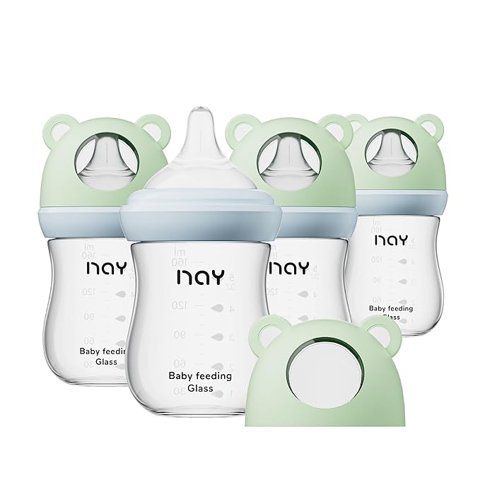 Natural Glass Baby Bottle for Breastfeeding Babies, 5.4oz Anti-Colic Baby Bottle with Natural Response Nipple(S), Clear, Wide Neck, 4 Pack, 1 Months+-BubblyBeeBaby