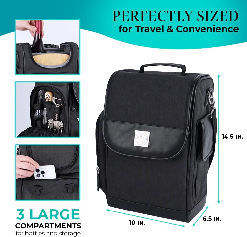 Happy Grapes Wine Tote Bag Set - Insulated Wine Carrier with 2 Stainless Steel Tumblers, Aerator, Charcuterie Board & Knife, Bottle Stoppers, Opener & Wash Cloth - for Picnics Beach Patio Pool Camp t