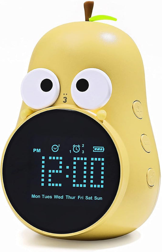 Kids Alarm Clock for Girls Pear Alarm Clock with Snooze Toddler Sleep Training Clock for Bedroom Home Office(Yellow)-BubblyBeeBaby