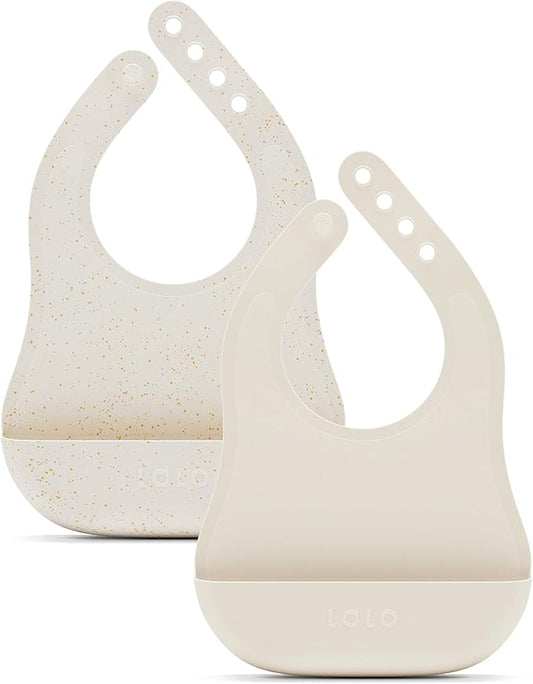 Lalo The Bib - Waterproof, Non-Toxic Silicone Baby Bib with Adjustable Neck Band & Silicone Food Pouch Catcher, Set of 2-BubblyBeeBaby