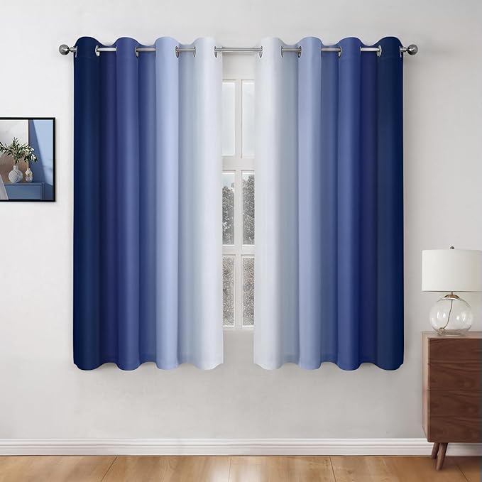 HOMEIDEAS Navy Blue Ombre Blackout Curtains, 52 X 63 Inch Length Gradient Color Room Darkening Curtains with Grommet Thermal Insulated Window Drapes for Living Room, Bedroom, 2 Panels-BubblyBeeBaby