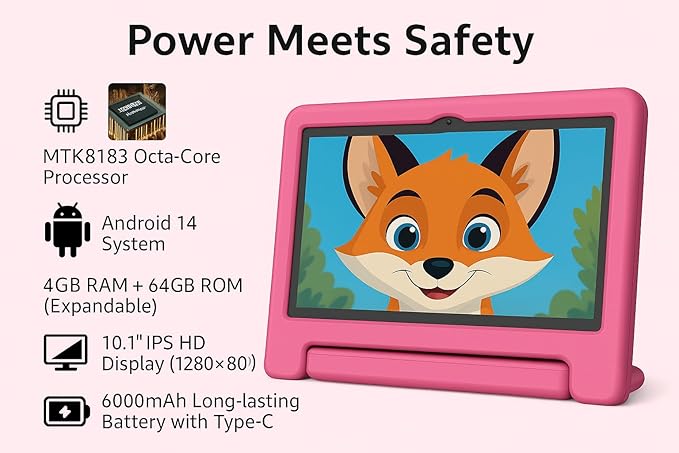 10.1" Kids Tablet Android 14 | 64GB Octa-Core 8GB RAM | Shockproof Case & Parental Control | 12H Fast Charge | HD Display w/Google Kids Space & Educational Apps | WiFi 6/Bluetooth/GPS | Ages 3-12-BubblyBeeBaby